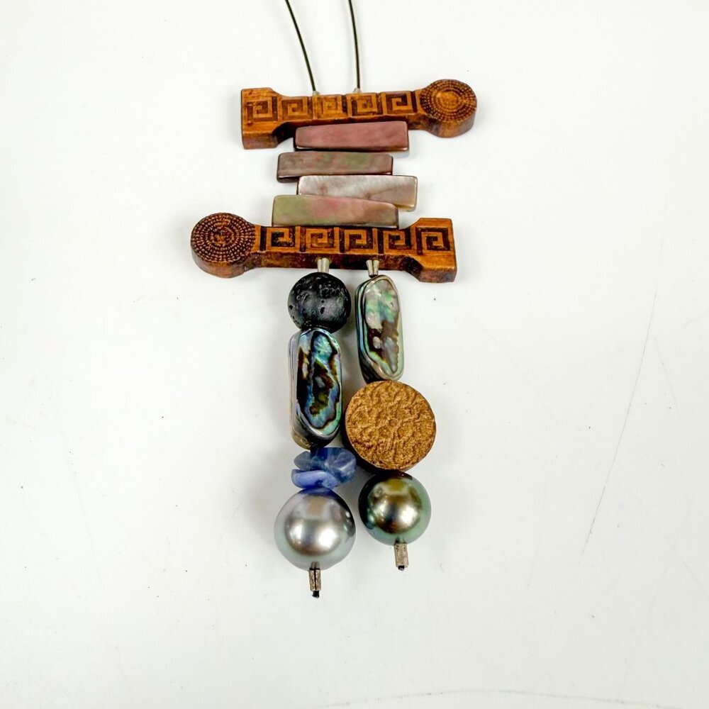 Artisan Pearl Abalone Lapis Lava Stone Beaded Bolo Style Necklace Boho Unique